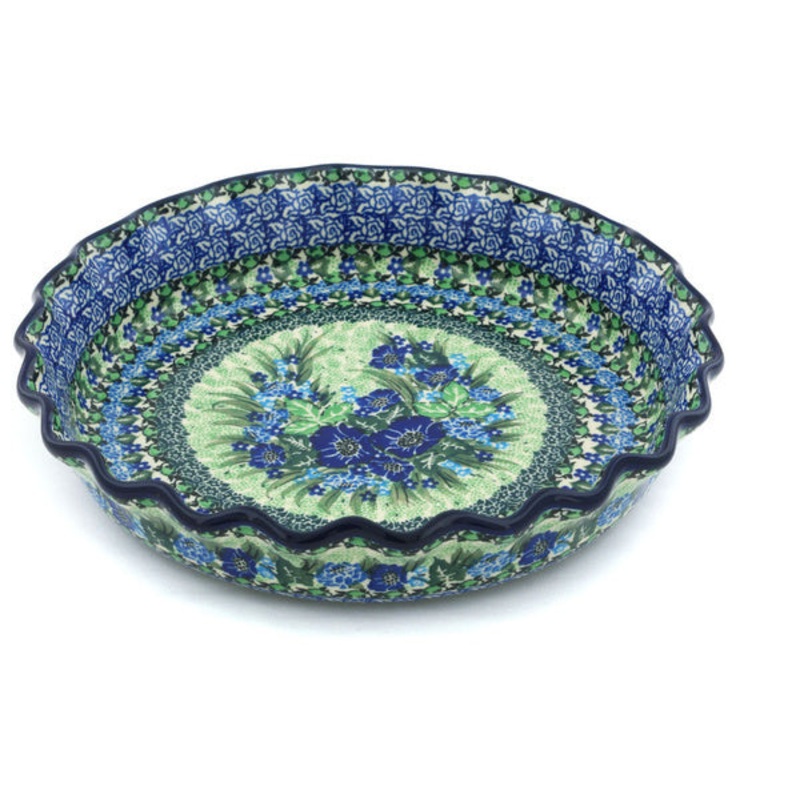 Polish Pottery 10 Fluted Pie Dish Moody Blues UNIKAT