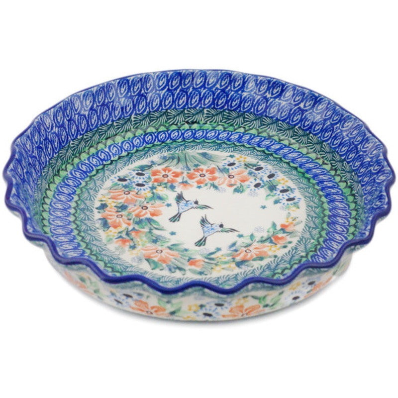Polish Pottery 10 Fluted Pie Dish Birds In Flight UNIKAT