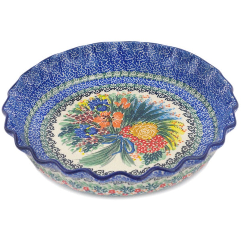Polish Pottery 10 Fluted Pie Dish Iris Bouquet UNIKAT