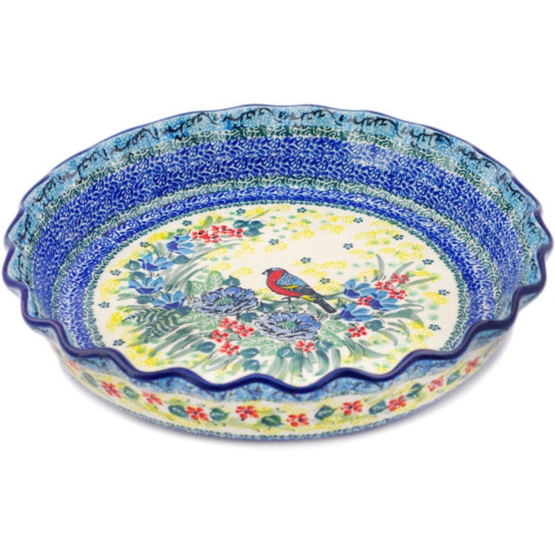 Polish Pottery 10 Fluted Pie Dish Morning Song UNIKAT
