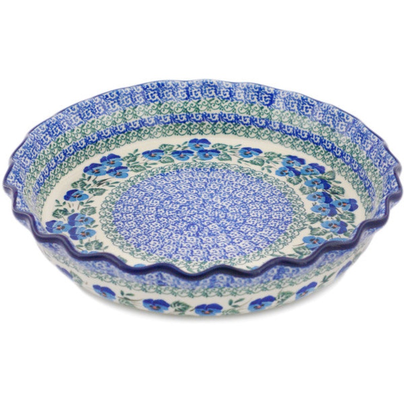 Polish Pottery 10 Fluted Pie Dish Blue Pansy