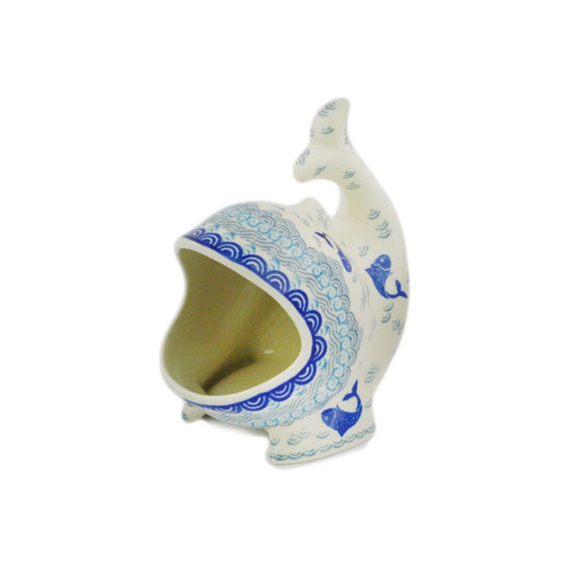 Polish Pottery Salt Cellar, Salt Pig, Sponge Holder, Whale Blue Herring Waters