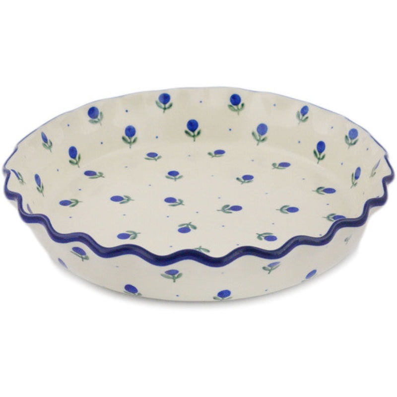 Polish Pottery 10 Fluted Pie Dish Blue Buds