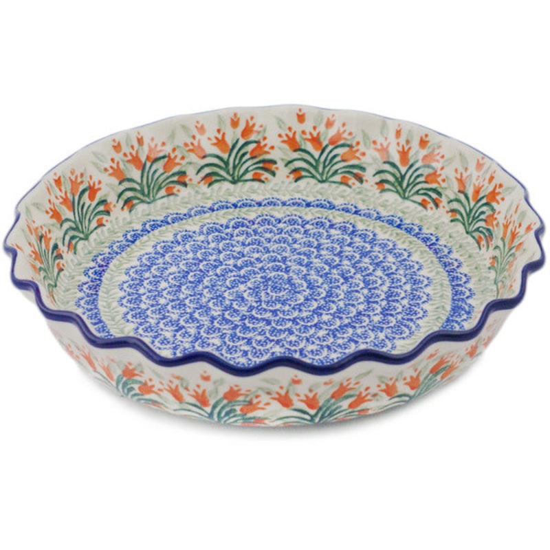 Polish Pottery 10 Fluted Pie Dish Crimson Bells