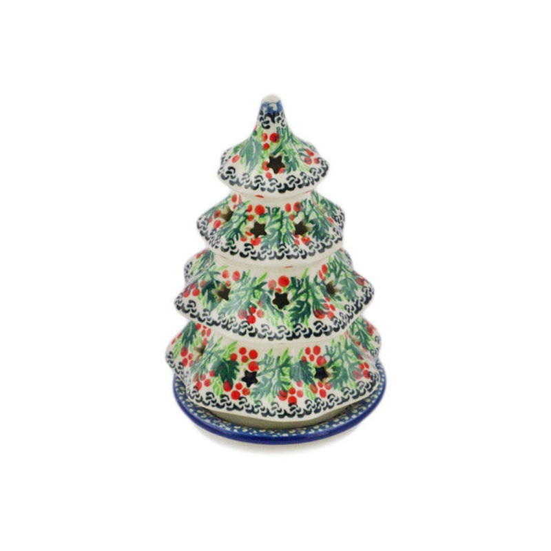 Polish Pottery 6 Christmas Tree Candle Holder Holly Berry Wreath