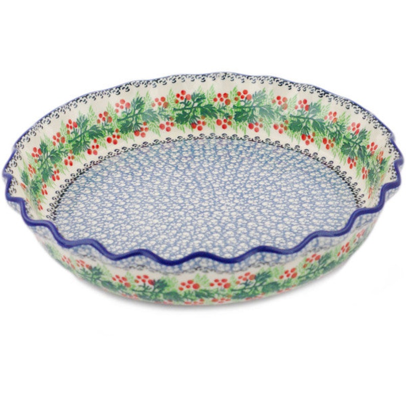 Polish Pottery 10 Fluted Pie Dish Holly Berry Wreath