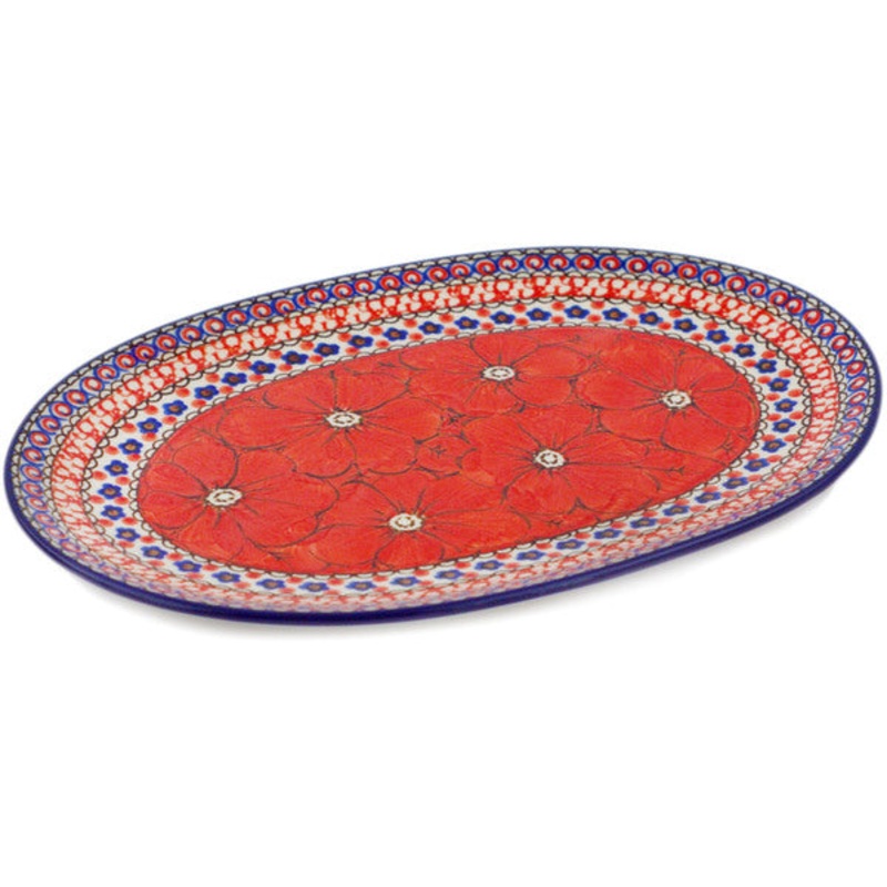 Polish Pottery 10 Oval Platter Crimson Poppies UNIKAT