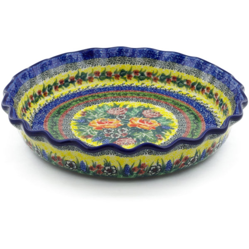 Polish Pottery 10 Fluted Pie Dish Copper Rose Meadow UNIKAT