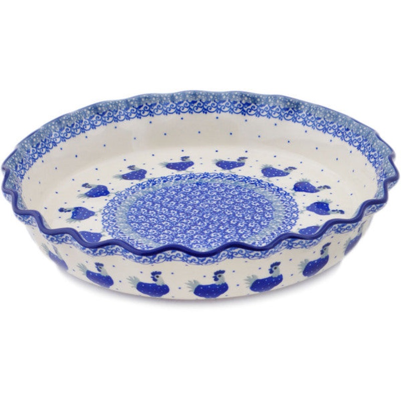 Polish Pottery 10 Fluted Pie Dish Cobalt Hen