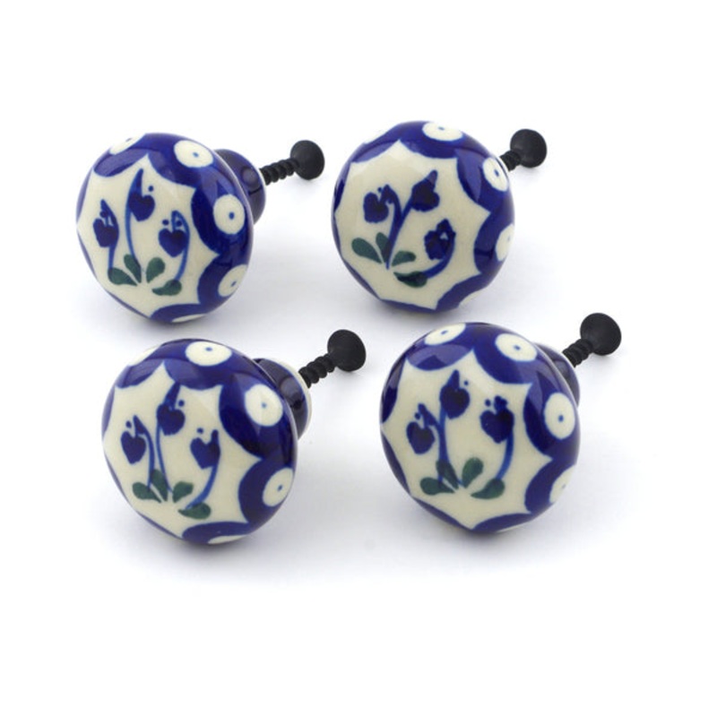 Polish Pottery Set of 4 Drawer Pull Knobs 1-1/2 inch Bleeding Heart Peacock