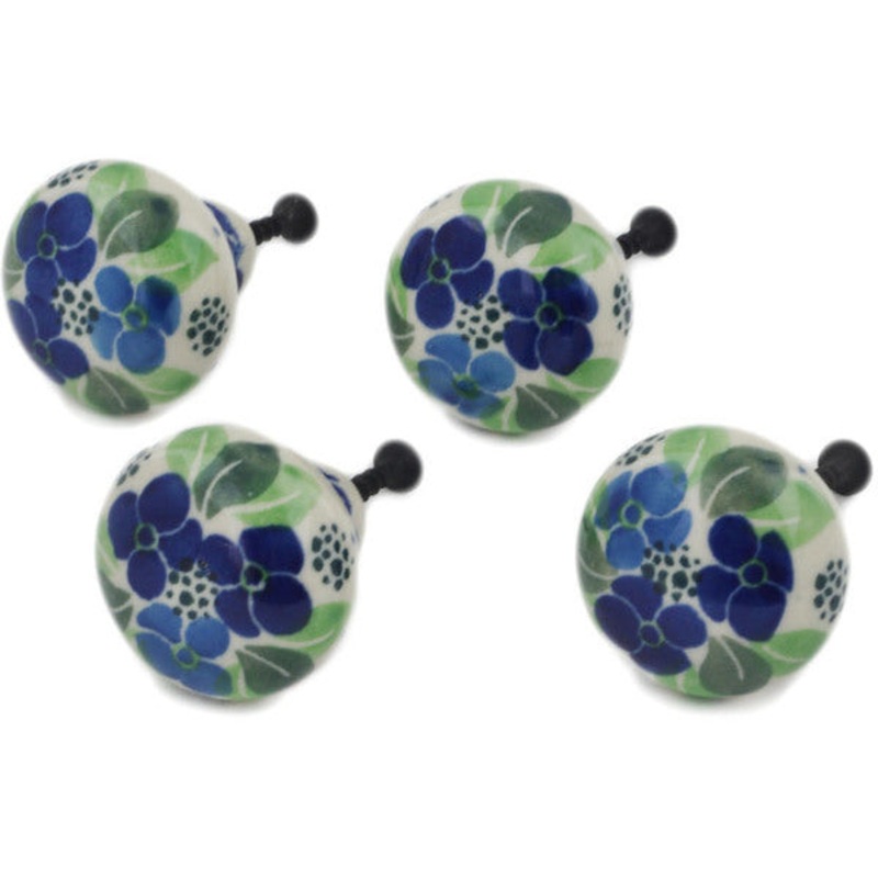 Polish Pottery Set of 4 Drawer Pull Knobs 1-1/2 inch Blue Phlox