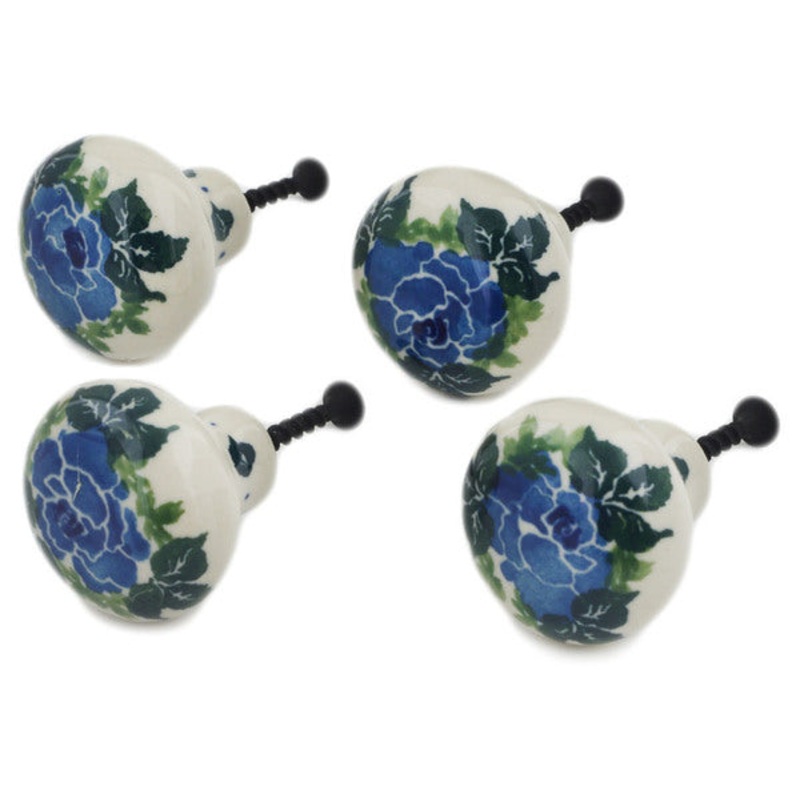 Polish Pottery Set of 4 Drawer Pull Knobs 1-1/2 inch Blue Rose
