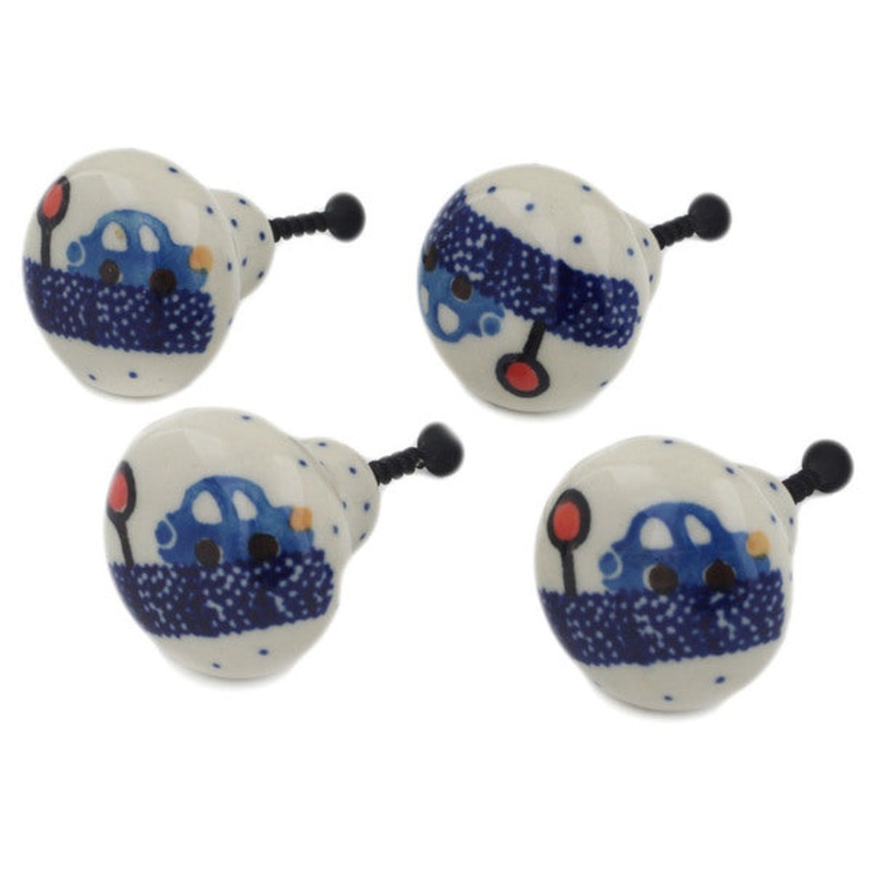 Polish Pottery Set of 4 Drawer Pull Knobs 1-1/2 inch Cars