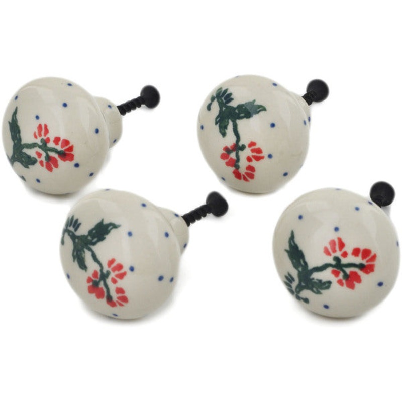 Polish Pottery Set of 4 Drawer Pull Knobs 1-1/2 inch Floating Flowers