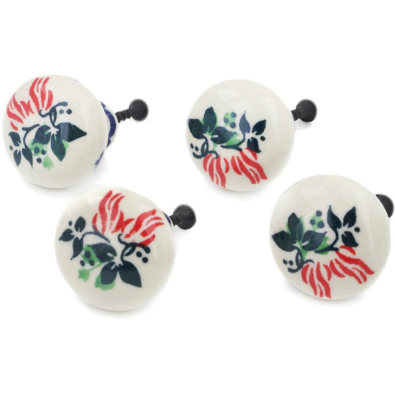 Polish Pottery Set of 4 Drawer Pull Knobs 1-1/2 inch Hanging Flowers