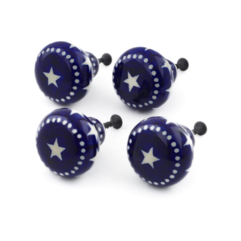 Polish Pottery Set of 4 Drawer Pull Knobs 1-1/2 inch Midnight Stars