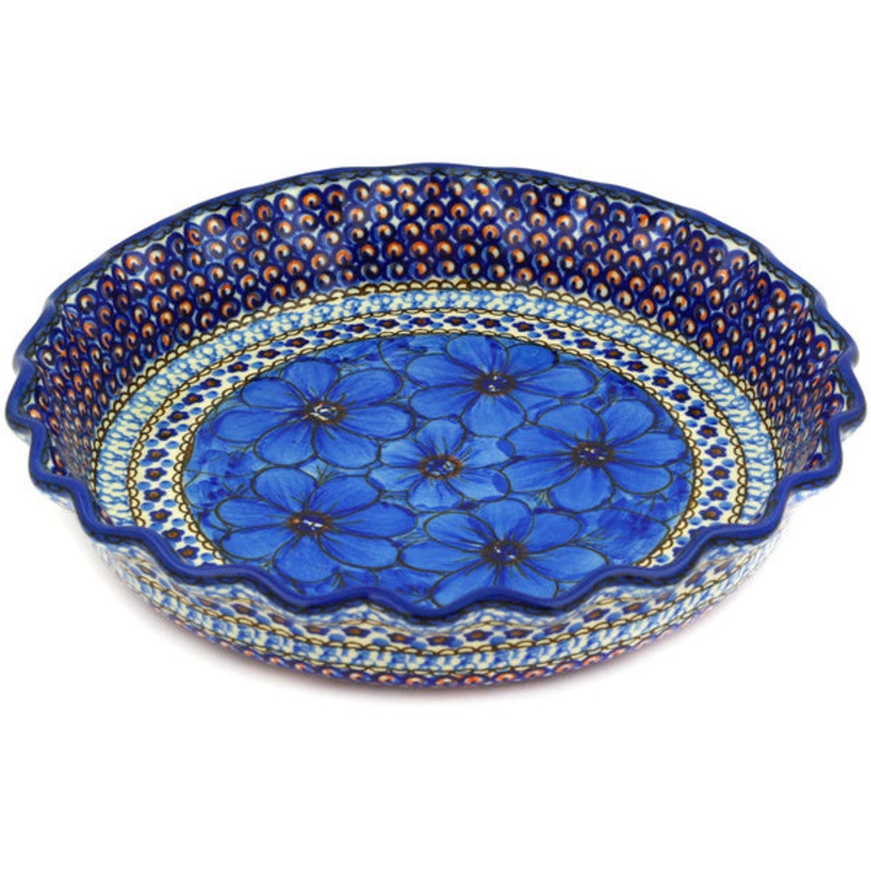 Polish Pottery 10 Fluted Pie Dish Cobalt Poppies UNIKAT