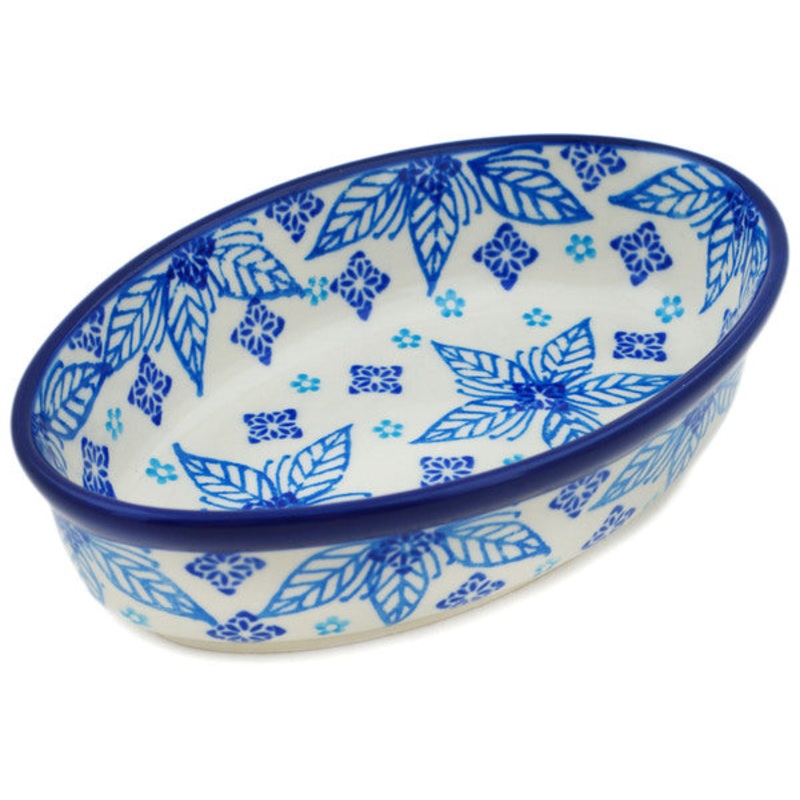 Polish Pottery 6 Condiment Dish Blue Poinsettia UNIKAT