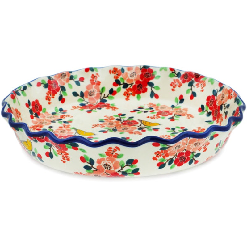 Polish Pottery 10 Fluted Pie Dish Golden Sparrow In Rosy Petals UNIKAT
