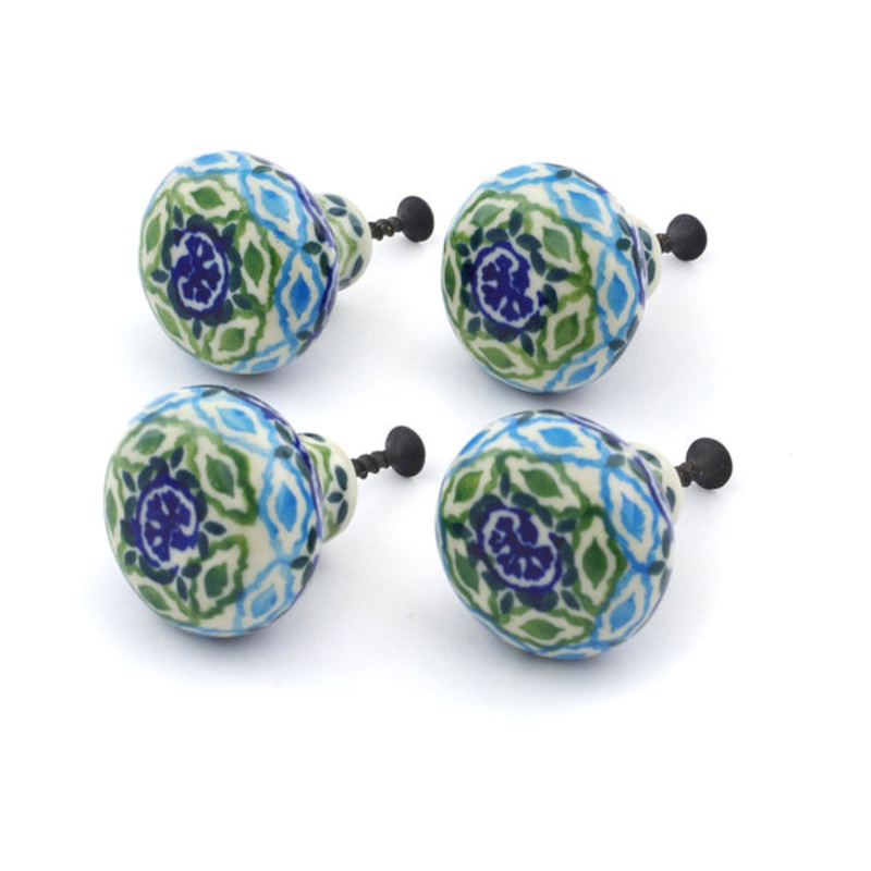 Polish Pottery Set of 4 Drawer Pull Knobs 1-1/2 inch Aztec Eyes
