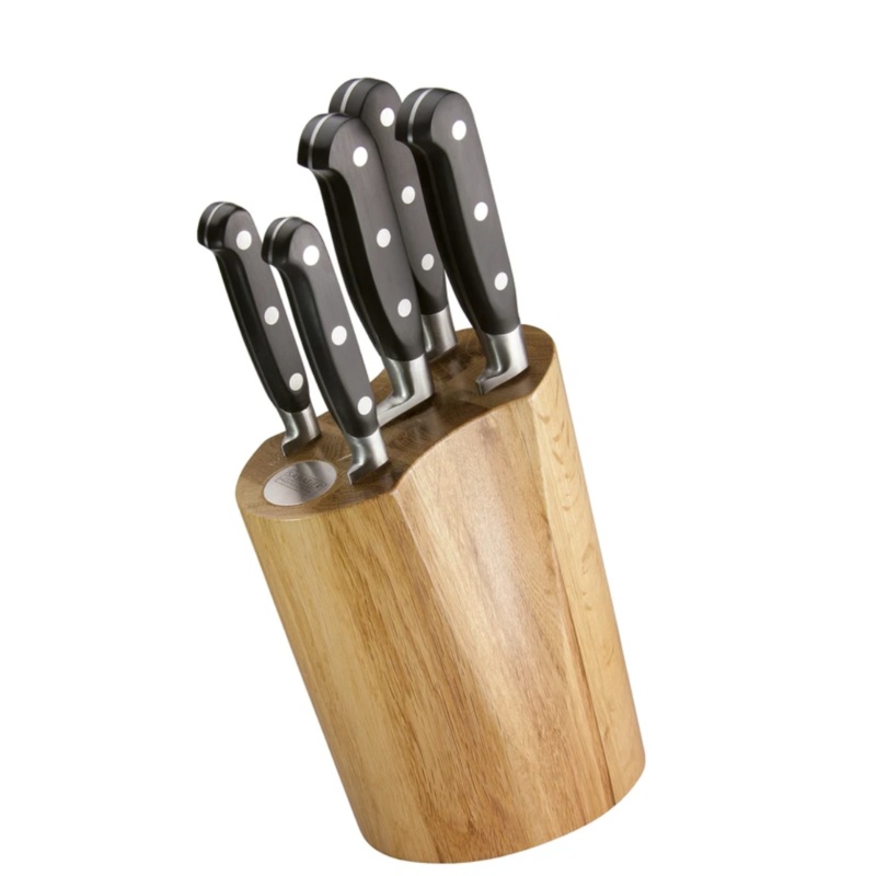Sabatier Oak and Stainless Steel Slotted Knife Block and 5 Piece Knife Set