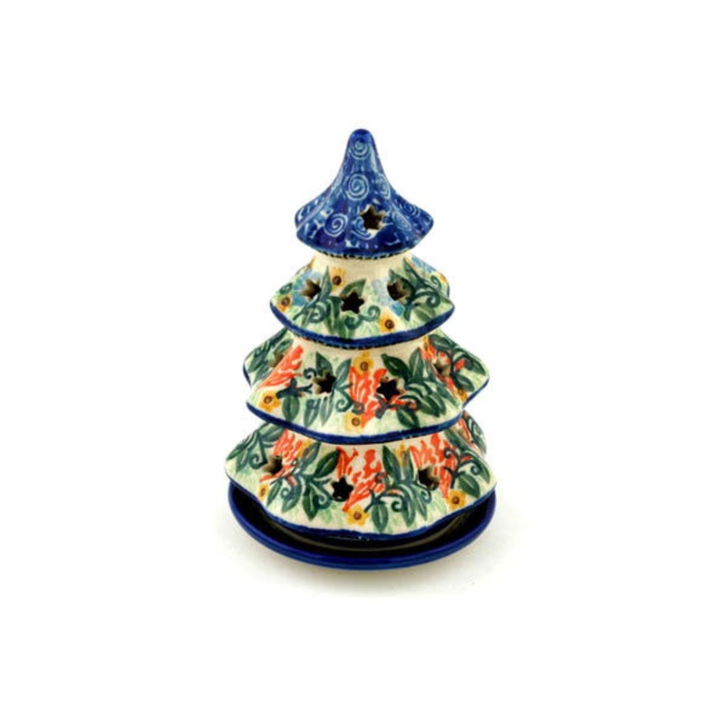 Polish Pottery 6 Christmas Tree Candle Holder Peach Fan Fare UNIKAT