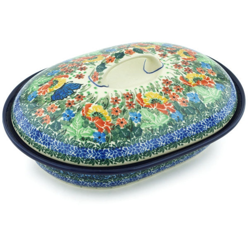 Polish Pottery 10 Baker with Cover Mosaic Butterfly UNIKAT