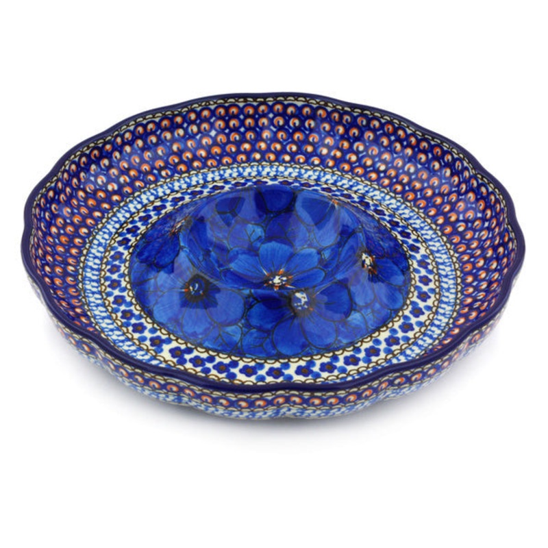 Polish Pottery 10 Chip and Dip Platter Cobalt Poppies UNIKAT