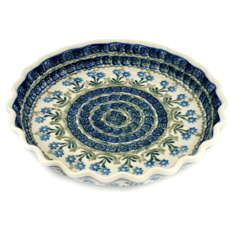 Polish Pottery 10 Fluted Pie Dish Blue Daisy Circle